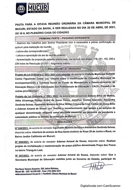 CÂMARA PUBLICA PAUTA DA 8ª REUNIÃO ORDINÁRIA DE 2021