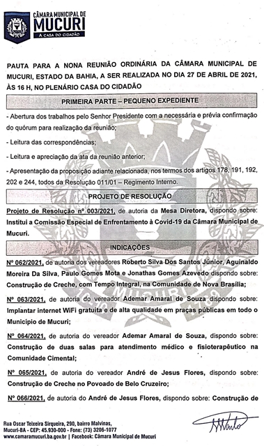 CÂMARA PUBLICA PAUTA DA 9ª REUNIÃO ORDINÁRIA DE 2021