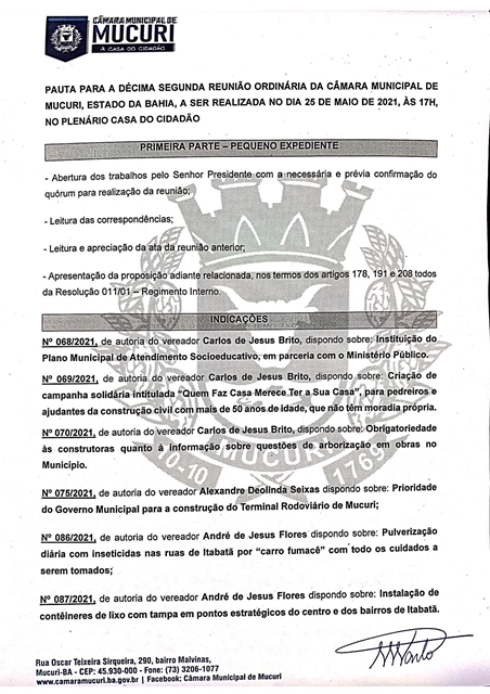 CÂMARA PUBLICA PAUTA DA 12ª REUNIÃO ORDINÁRIA DE 2021