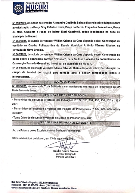 CÂMARA PUBLICOU PAUTA DA 19ª REUNIÃO ORDINÁRIA DE 2021