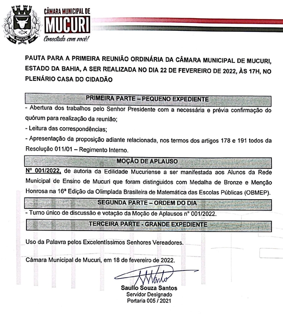 CÂMARA PUBLICA PAUTA DA 1ª REUNIÃO ORDINÁRIA DE 2022