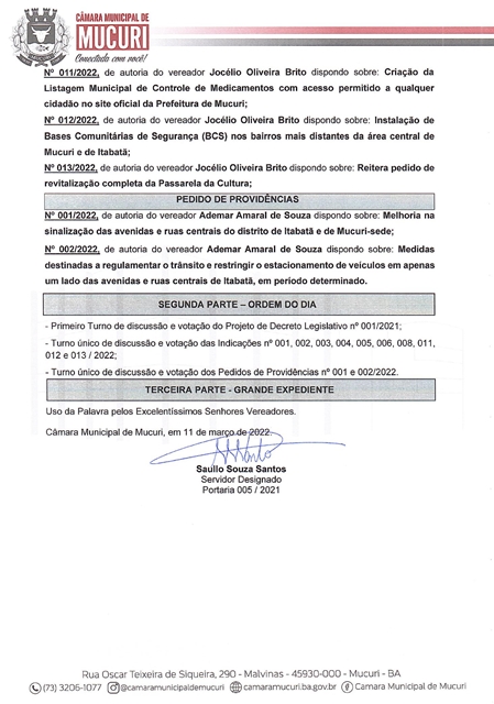 CÂMARA PUBLICA PAUTA DA 3ª REUNIÃO ORDINÁRIA DE 2022