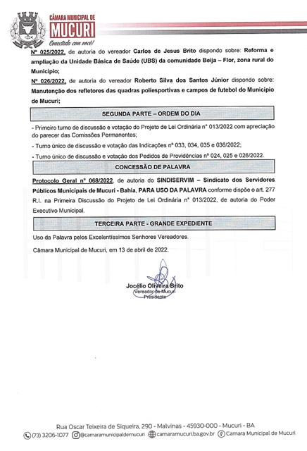 CÂMARA PUBLICA PAUTA DA 8ª REUNIÃO ORDINÁRIA DE 2022