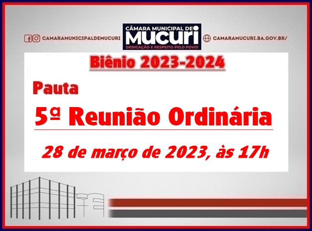 CÂMARA PUBLICA PAUTA DA 5ª REUNIÃO ORDINÁRIA DE 2023